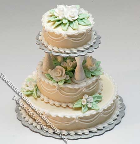(image for) Dollhouse Scale Model 3 Tier Ecru Wedding Cake w/White Roses